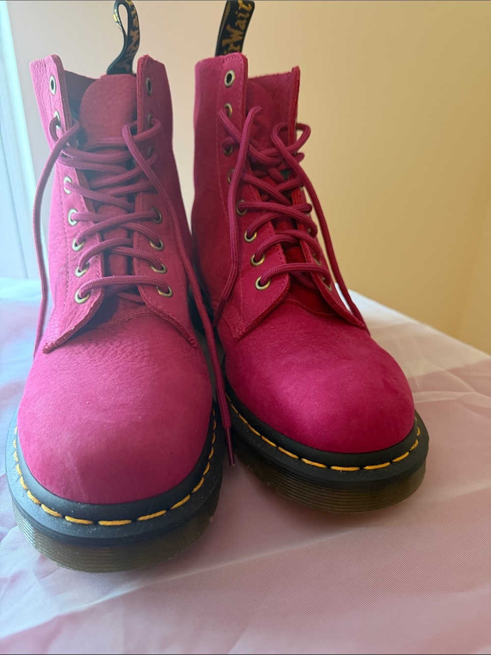 Dr. Martens Hot Pink Suede Lace-Up Boots - Picture 2 of 5
